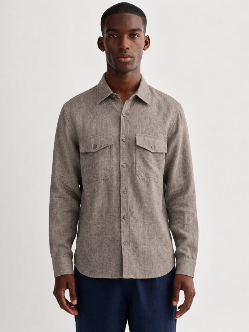 EVERLANE Men's Cotton Shirt — Gray-Brown (Mushroom), Long Sleeve, Size M